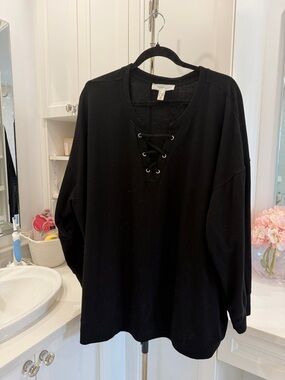 Addition Elle Black Lace-Up V-Neck Sweatshirt